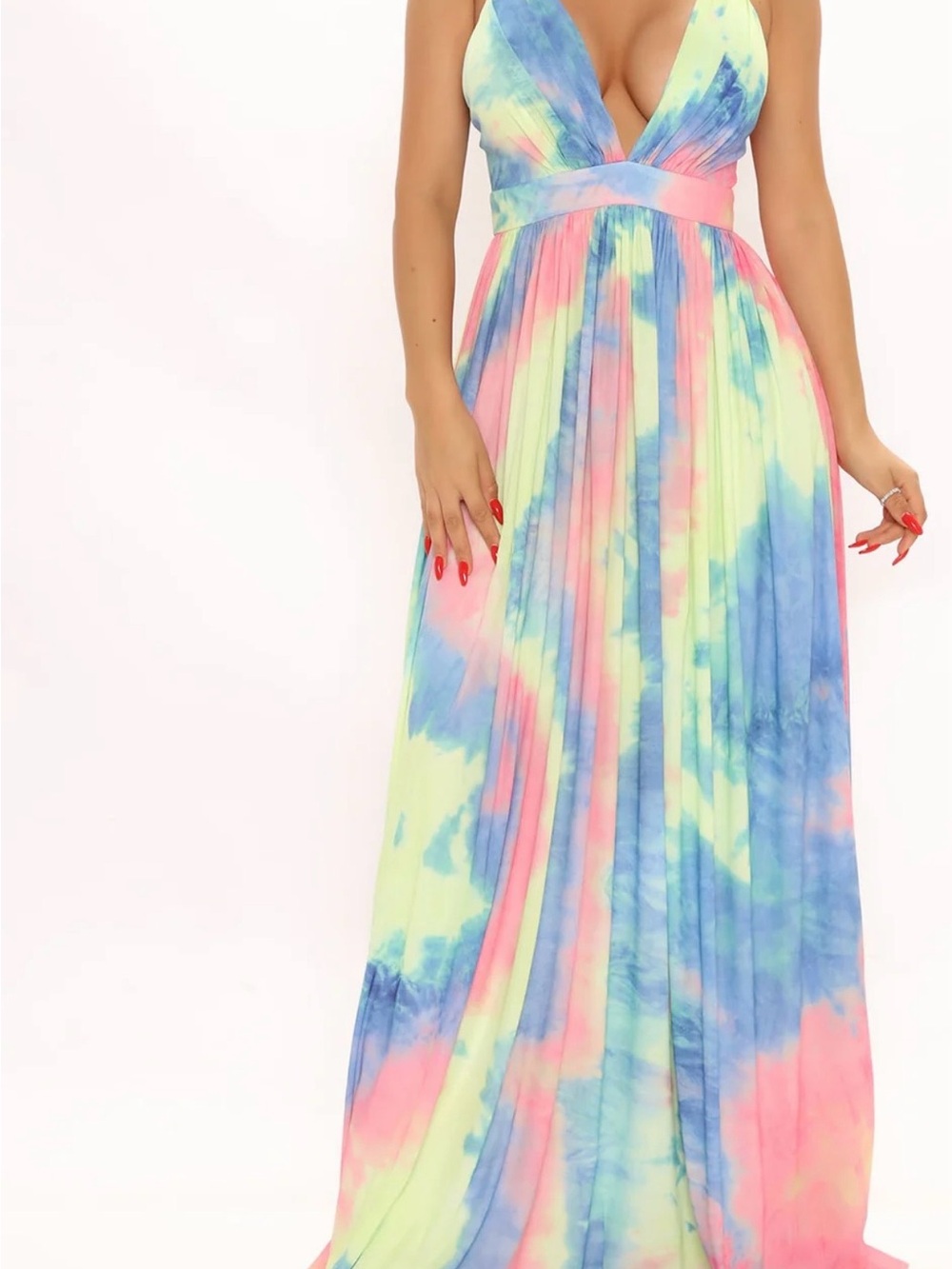 Flowing Tie-Dye Maxi Dress in Pastel Pink, Blue & Yellow